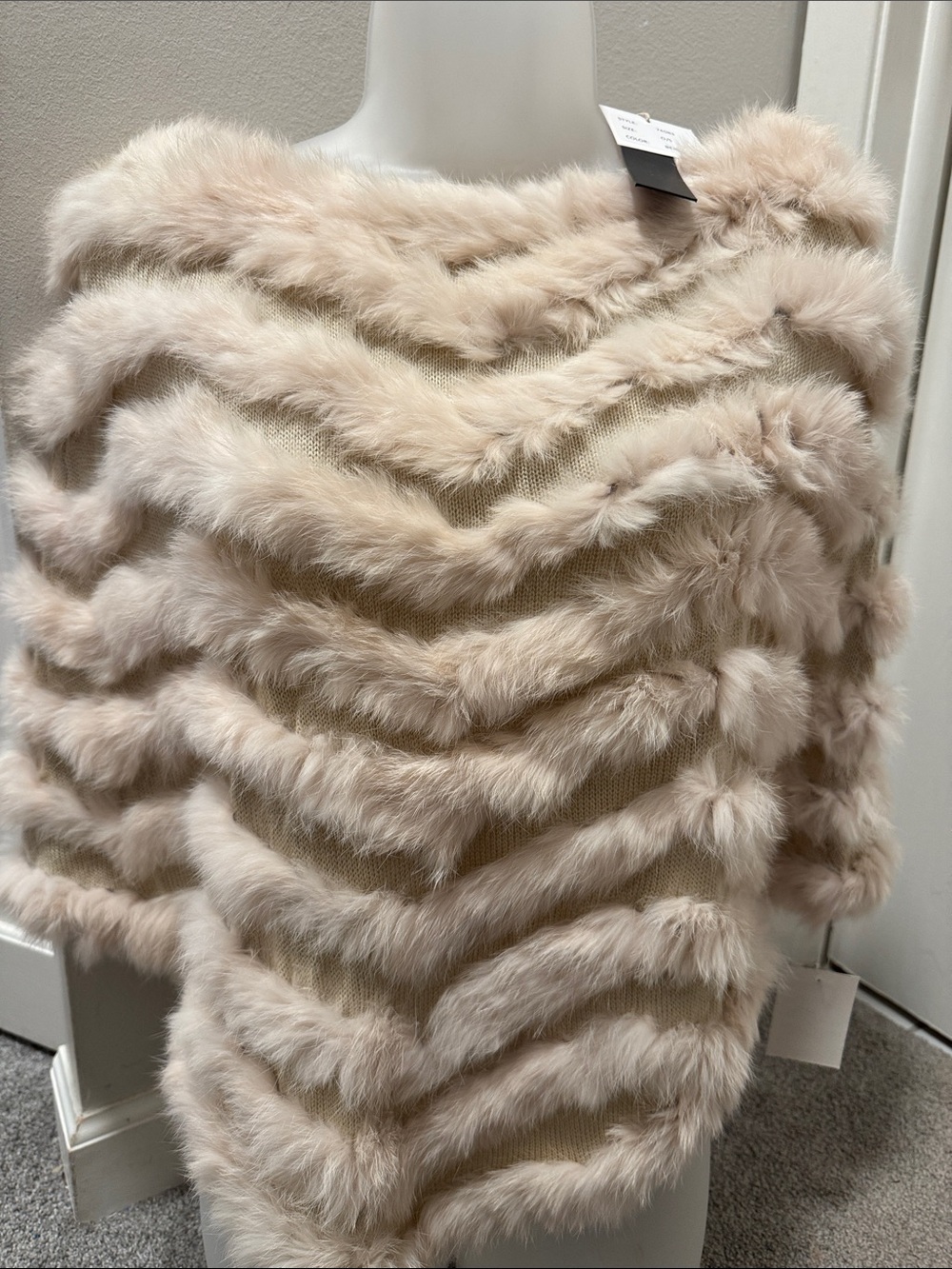 Dolce Cabo Fur Chevron Knit Poncho in Beige